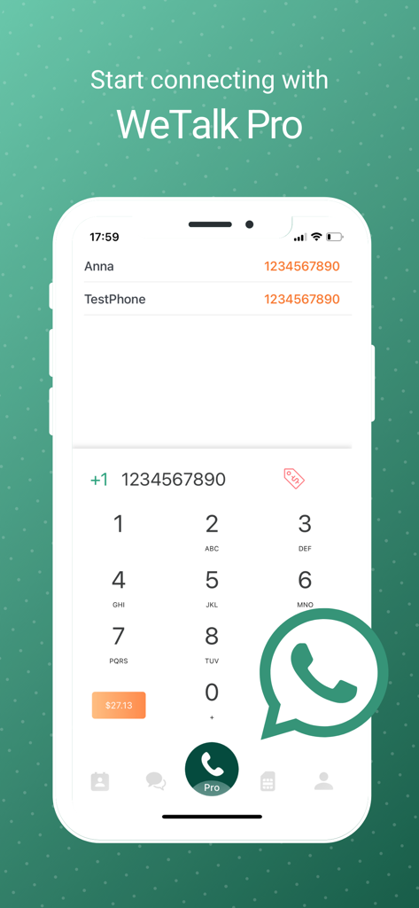 WeTalk Pro- WiFi Calling Phone - WeTalk Proアプリのダイヤラーインターフェース。電話のキーパッドと連絡先リストが表示されます。