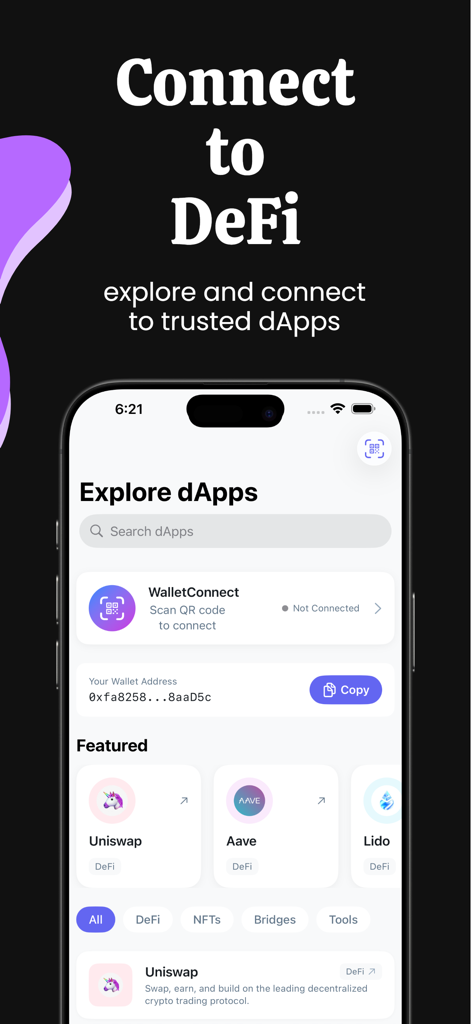 Ethereum Wallet - ETH & Tokens - Interface da carteira Ethereum mostrando a tela explorar dApps com opções para conectar-se a Uniswap Aave e Lido