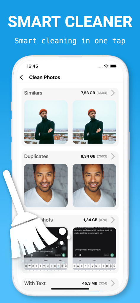 AI Cleaner—Clean Phone Storage - AI Cleaner app interface showing options to delete similar and duplicate photos to free up phone storage.