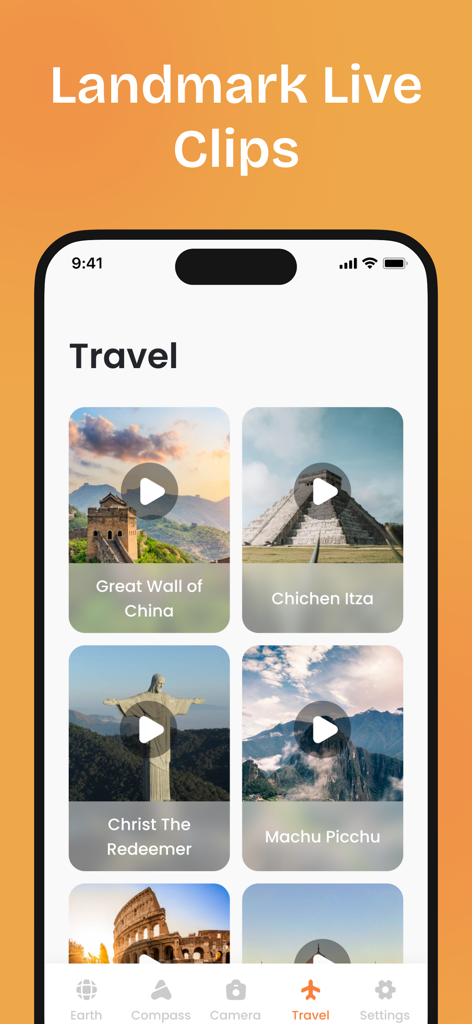 Travel Camera & Compass - A mobile app screen showing video highlights of world landmarks like the Great Wall of China and Christ the Redeemer.