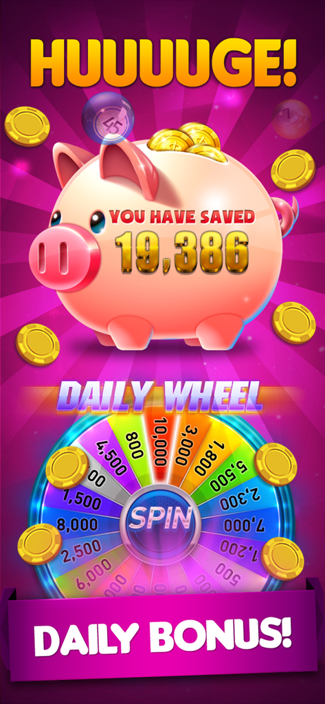 Bingo 90 Live : Vegas Slots - Bingo 90 Live daily bonus wheel and piggy bank with coins