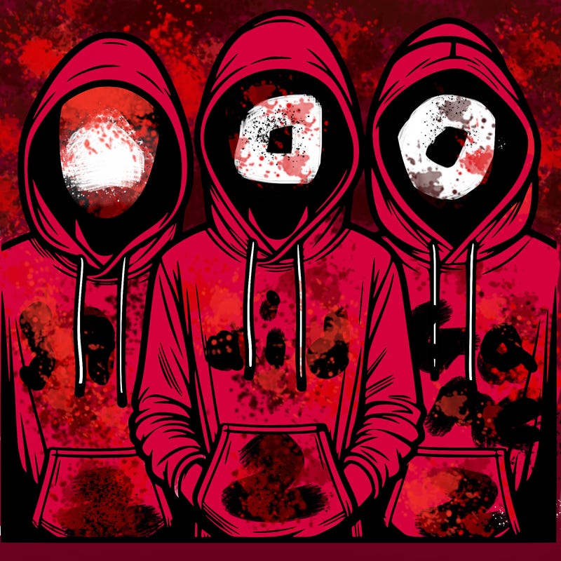 3 faceless people in  hoodies