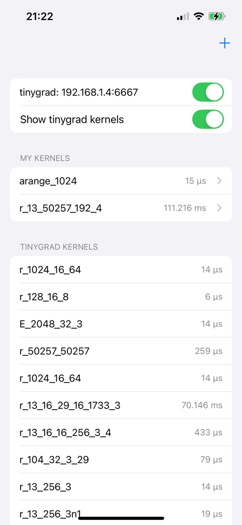 tinygrad remote host - Screenshot of the tinygrad remote host app displaying a list of kernels and their execution times
