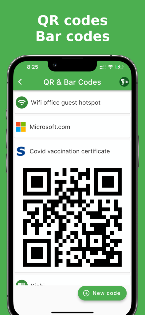 7ID: passport photos - Interface of the 7ID app displaying stored QR and bar codes