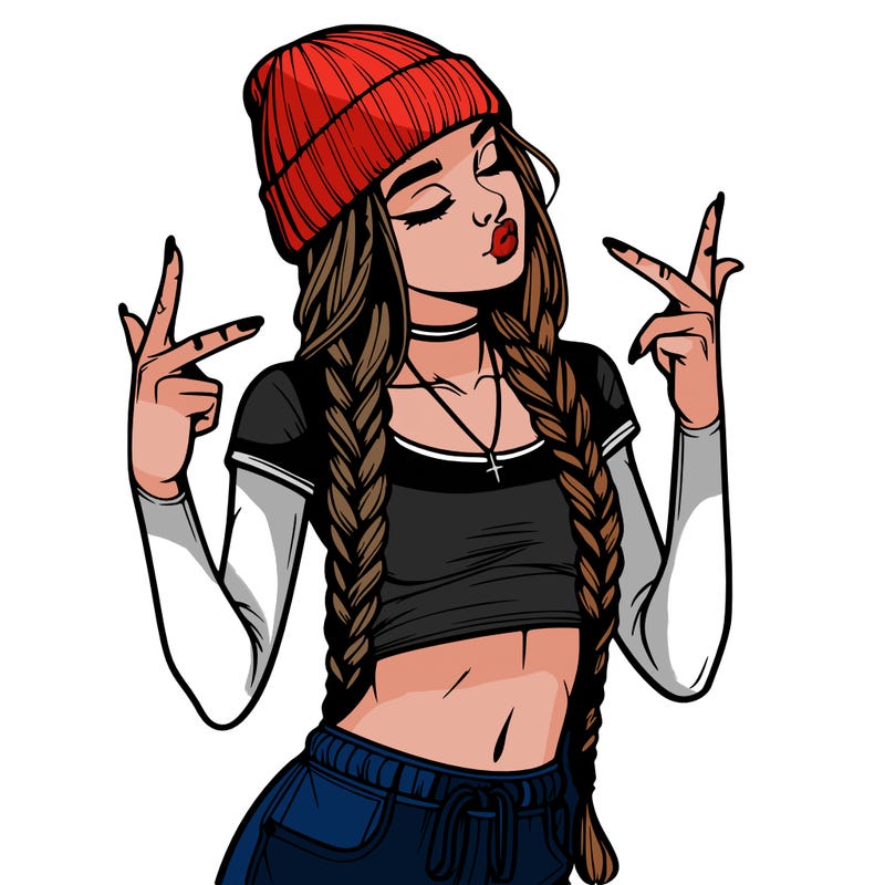 realistic teenage girl with braids and a beanie and crop top doing 🫶🏼