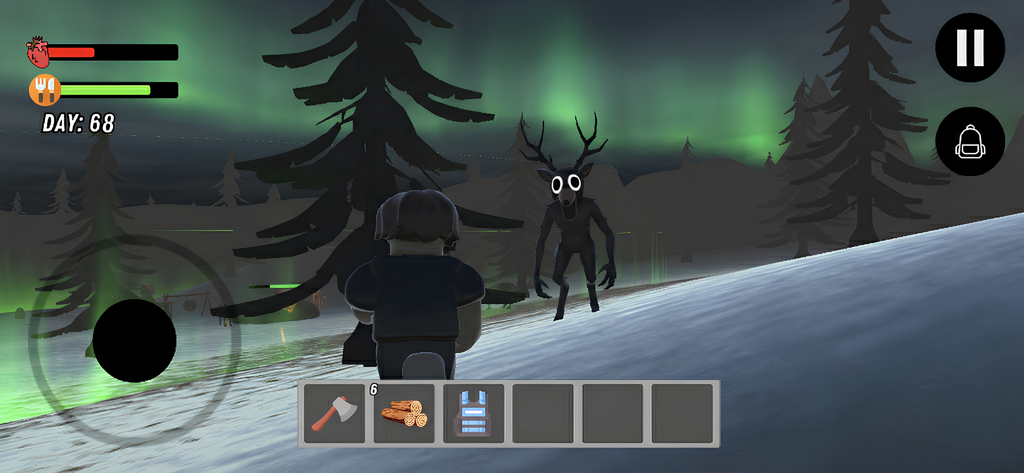 Personaje de Roblox enfrentando a una espeluznante criatura del bosque en un juego de supervivencia de bloques por la noche
