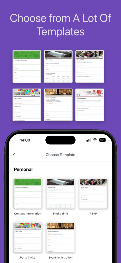 Uma variedade de modelos de formulários, incluindo RSVP e Informações de Contato, em uma interface móvel.