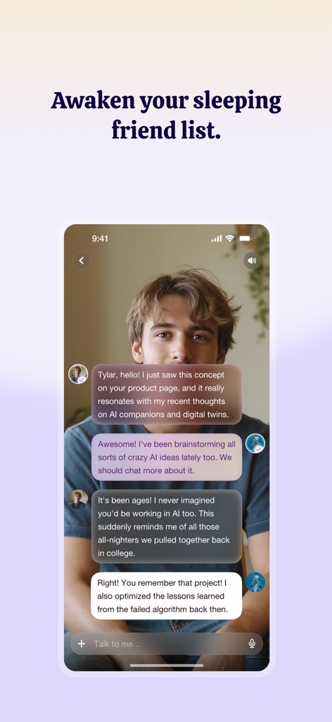 Second Me-Al ldentity Network - Chat interface of the Second Me app showing an AI identity helping two friends reconnect.