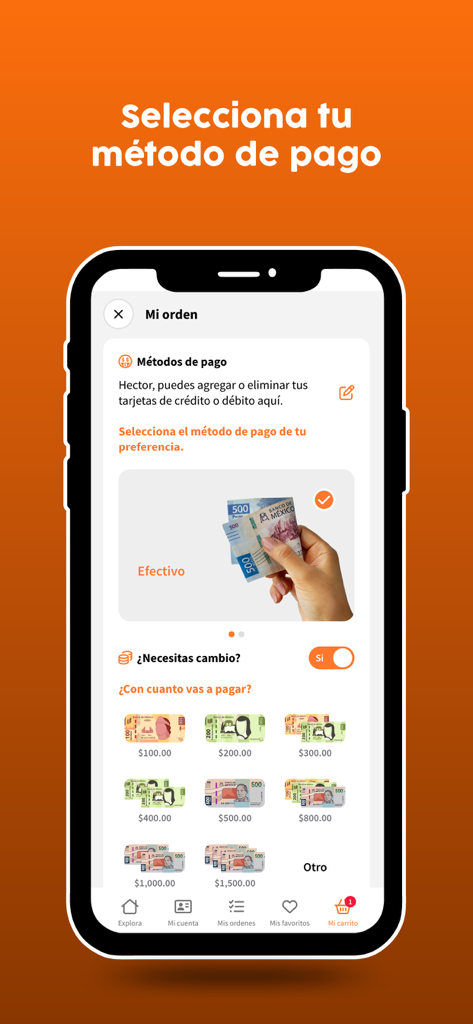 Una pantalla de la aplicación móvil Dong Sushi mostrando opciones de método de pago, incluido efectivo con selecciones de billetes en pesos mexicanos.