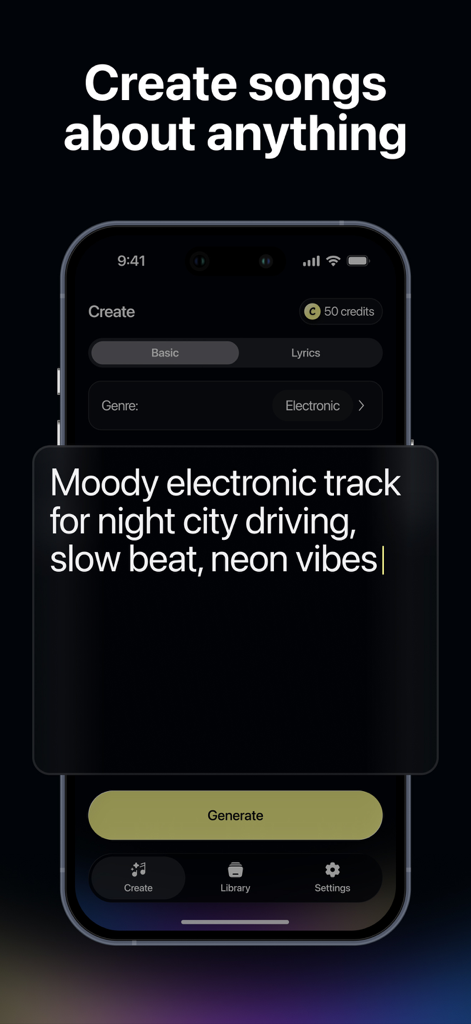 Soundraw: AI Song Music Maker - Soundraw app interface with a text prompt to generate a moody electronic track.
