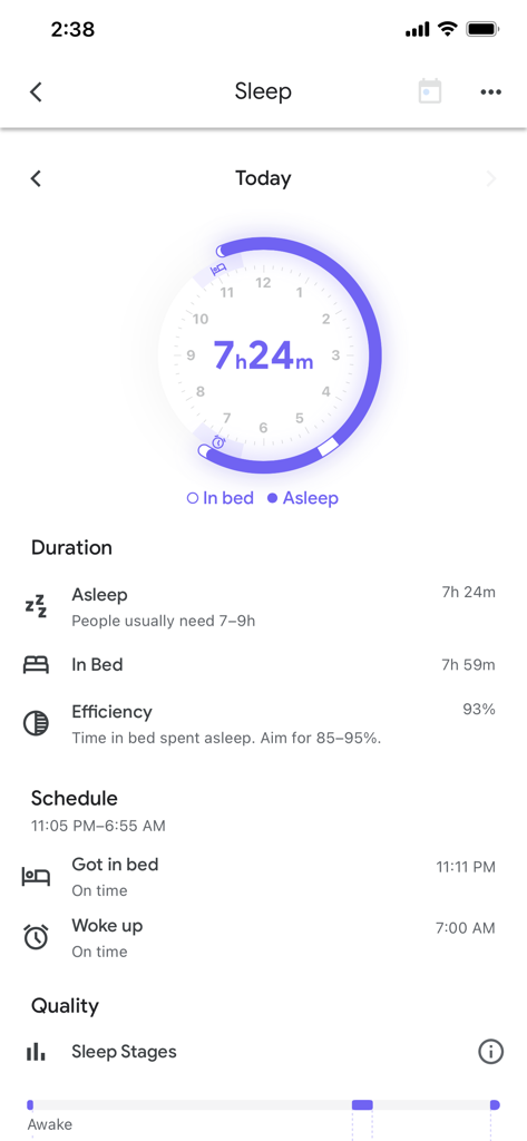 Google Fit: Activity Tracker - Écran de l'application Google Fit montrant la durée du sommeil et les indicateurs d'efficacité