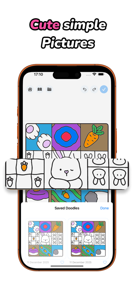 Doodle Together: Draw & Color - Doodle Together app interface showing a collection of cute simple drawings and saved doodles.