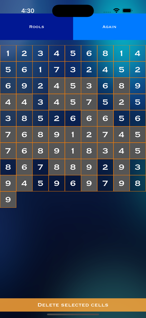 Gameplay screen of Cross It Out showing a grid of numbers with some cells highlighted in blue.