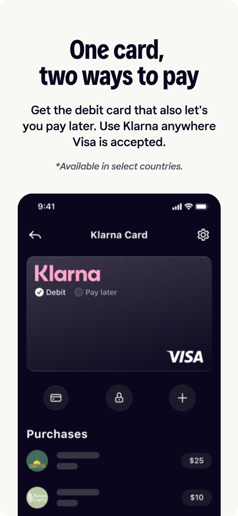 Digital Klarna Visa card in app showing debit and pay later options