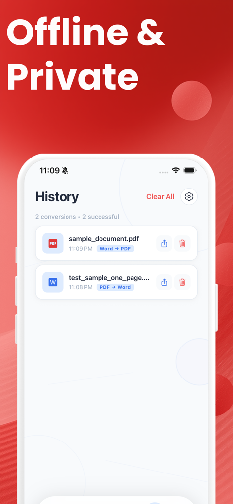 PDF to Word Converter & Docx - Mobile app screen showing the conversion history for PDF and Word documents with a headline emphasizing offline and private processing.