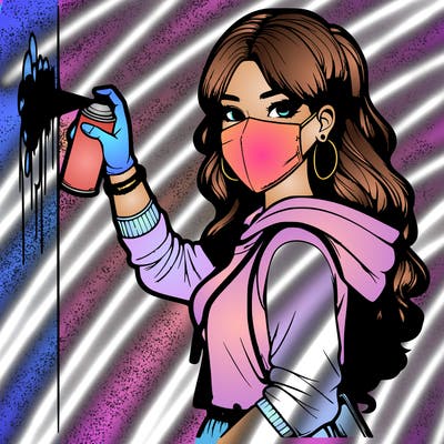 realistic girl with mask spray painting a wall