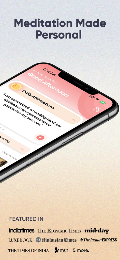 ThinkRight: Meditation & Sleep - ThinkRight app screen with personal meditation affirmations and press logos