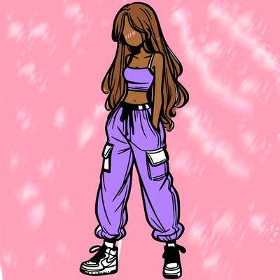 girl in baggy pants crop top and long hair