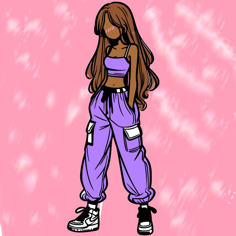 girl in baggy pants crop top and long hair