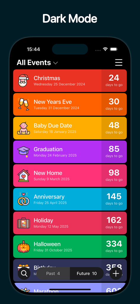 Countdown: Event Countdown - Uma lista de contagens regressivas de eventos coloridas na interface do aplicativo usando o modo escuro
