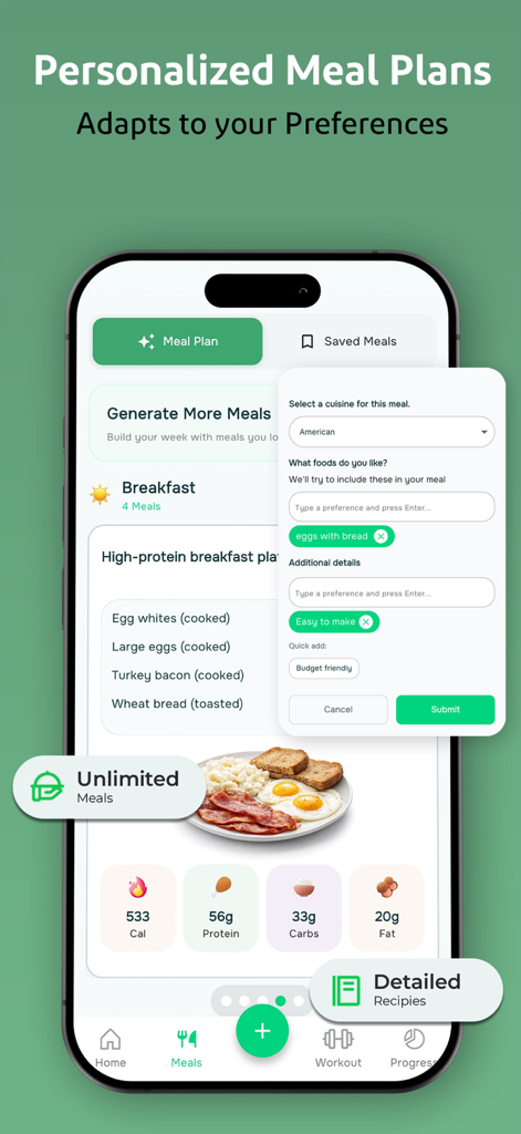 Calorii: All in One Fitness - Calorii app screen showing a personalized high protein breakfast plan with calorie and macro tracking