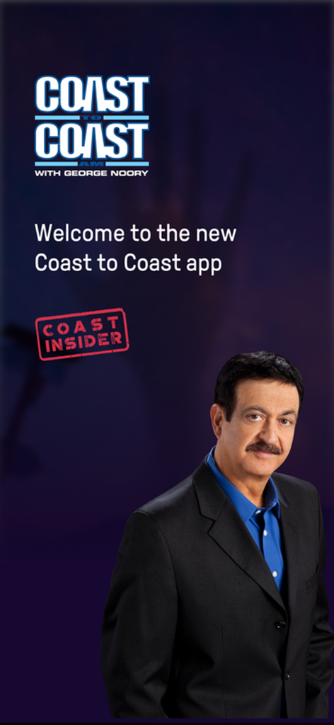 Pantalla de bienvenida de la aplicación Coast to Coast AM Insider con el presentador George Noory