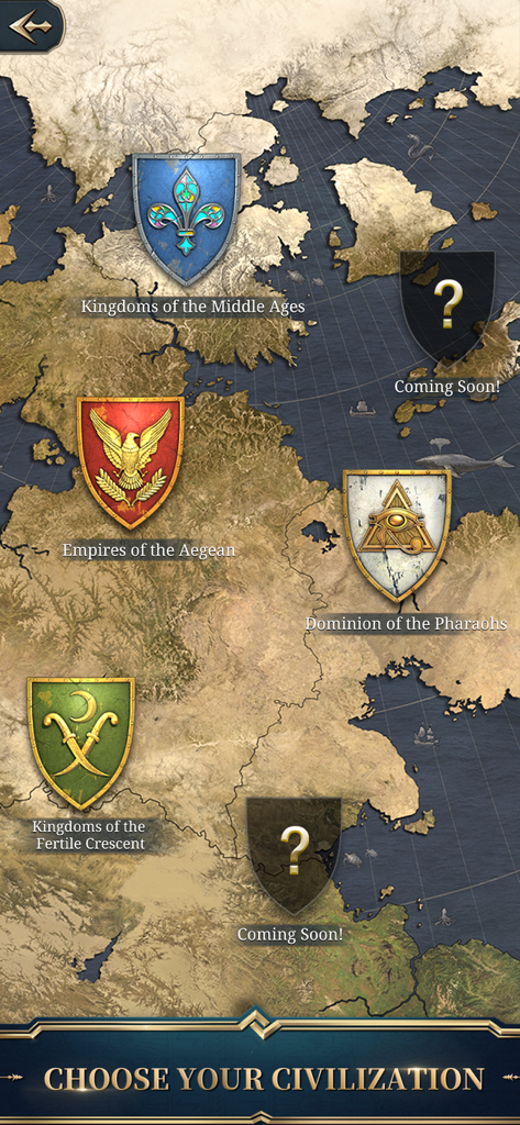 War Eternal - War Eternalの地図画面。中世やファラオなど、選択できる様々な歴史的文明が表示されている。