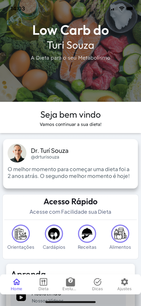 Desafio Diabetes - Low Carb - Home screen of the Desafio Diabetes app featuring quick access icons for menus recipes and food guidelines