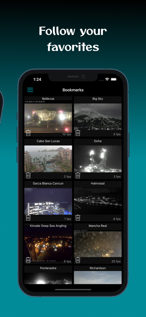 Planet Cam app bookmarks screen showing multiple live webcam feeds from different global locations
