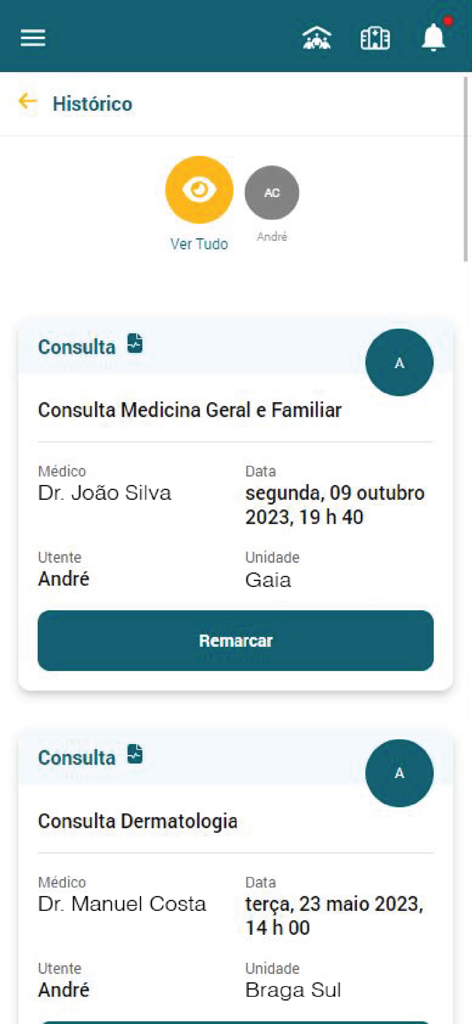 Mobile app screen showing a history of medical consultations with doctor names and appointment dates