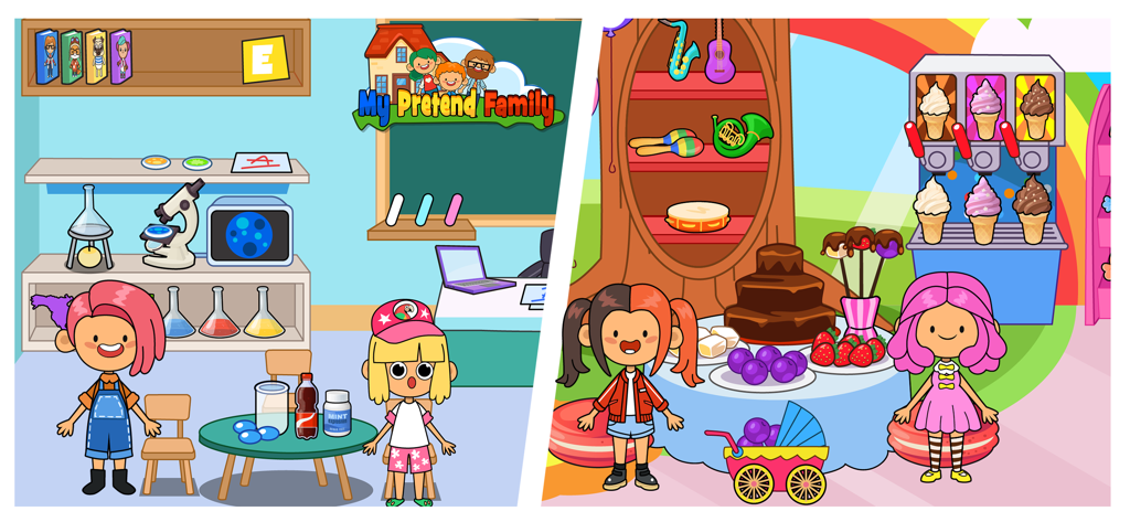 A split screen showing cartoon characters in a science lab and a party setting with food and instruments