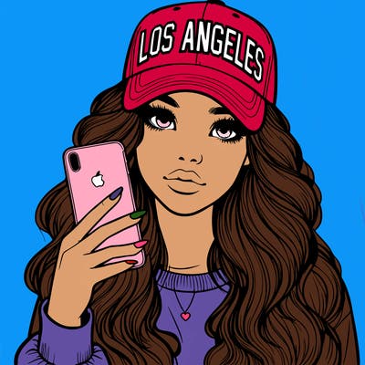 realistic beautiful girl wearing los ángeles cap holding an iphone