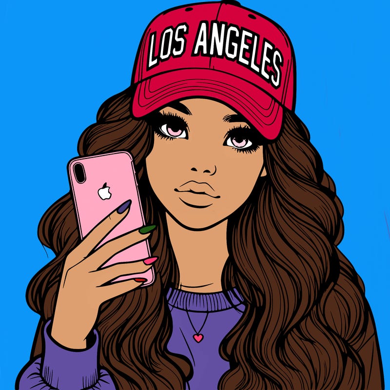 realistic beautiful girl wearing los ángeles cap holding an iphone