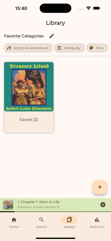 Sonata Story: Audiobooks - Library screen of Sonata Story app showing Treasure Island audiobook and category tags