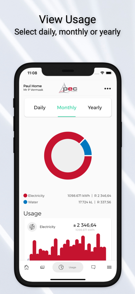 PEC Utility Management app displaying monthly electricity and water usage charts