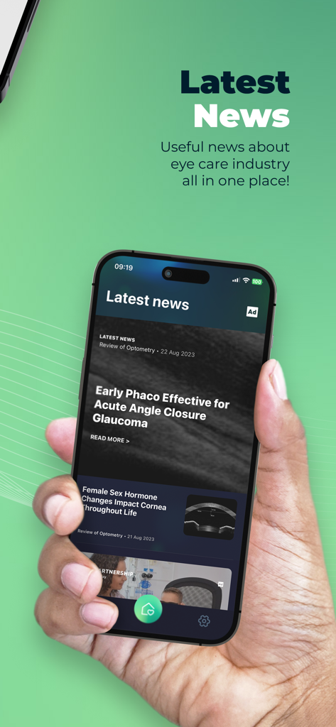 Smart Optometry - A hand holding a smartphone displaying industry news articles inside the Smart Optometry app
