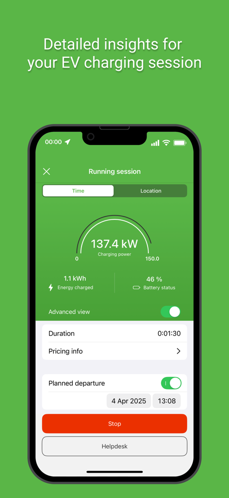 e-charge - Detailed view of a running EV charging session on the e-charge app showing power and battery status