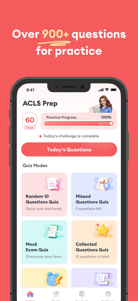 Painel do aplicativo de Prática para o Exame ACLS mostrando vários modos de estudo, incluindo exames simulados e questões práticas