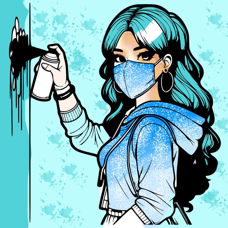 realistic girl with mask spray painting a wall