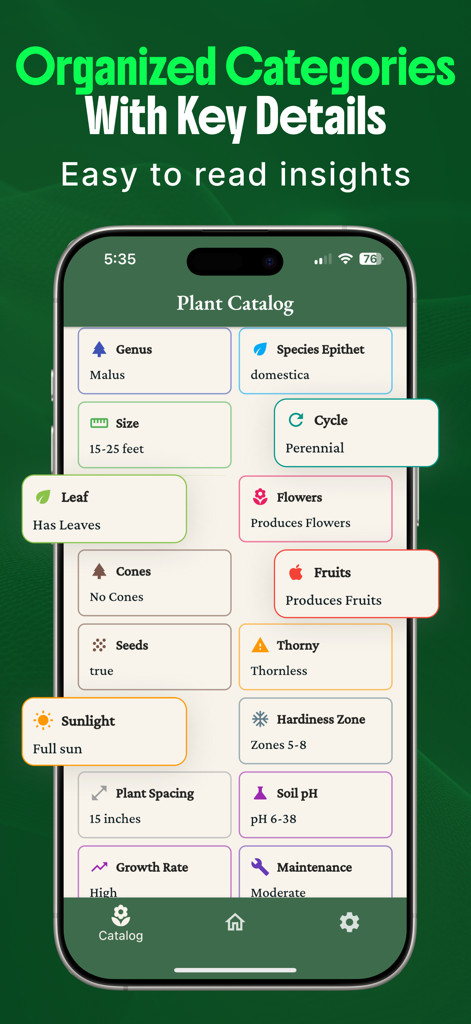 Mobiler Bildschirm mit organisiertem Pflanzenkatalog mit Wachstums- und Pflegedetails