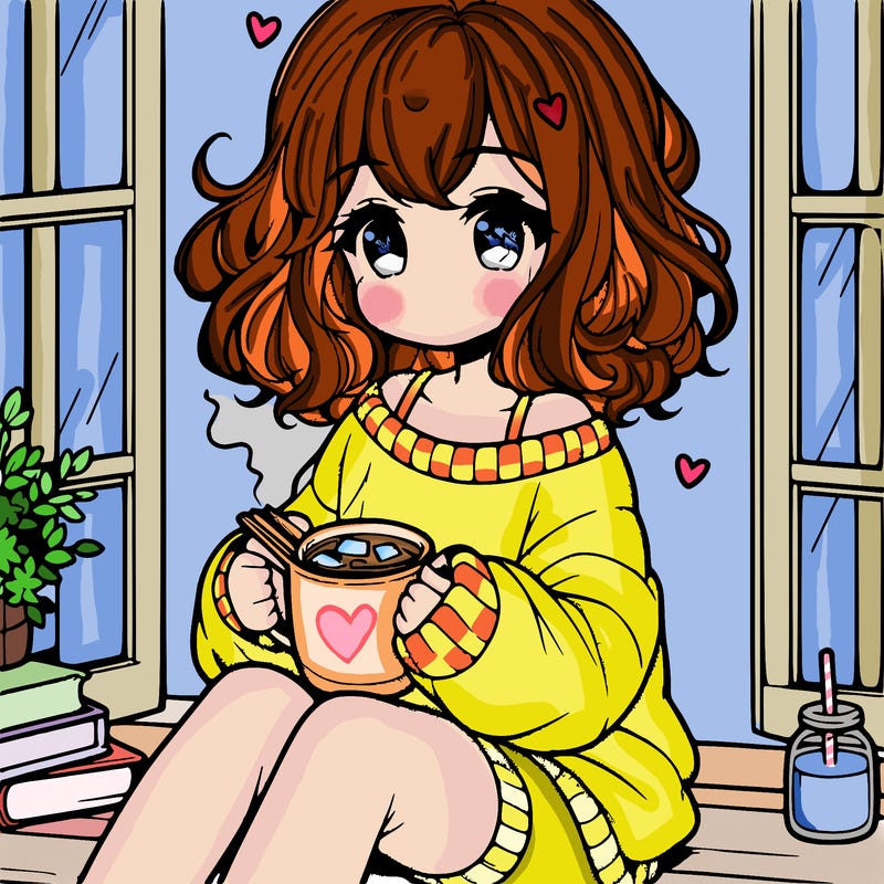 cute anime girl reading book and drinking hot chocolate from mug with loose wavy hair wearing a baggy sweatshirt and shorts sitting by windowsill looking out