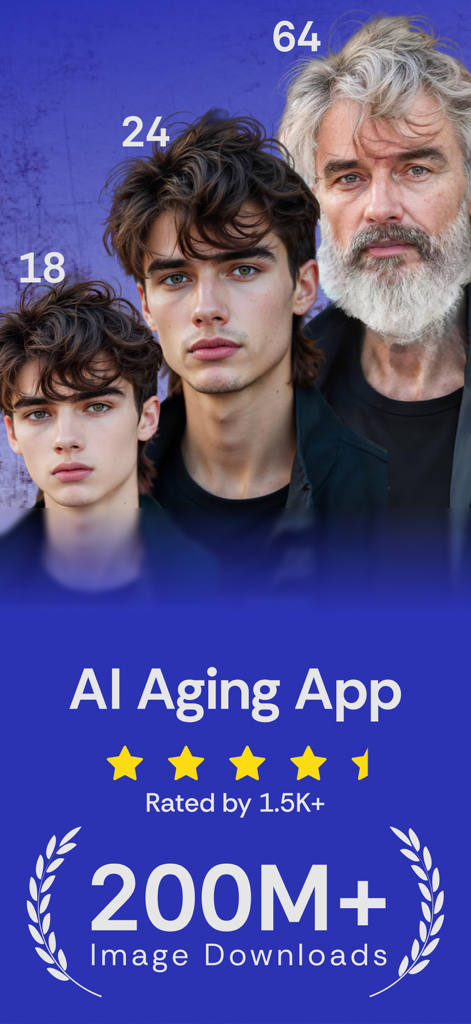 How Old Do I Look - Future Me - AIエイジングアプリのインターフェース。18歳、24歳、64歳の男性の顔を表示。