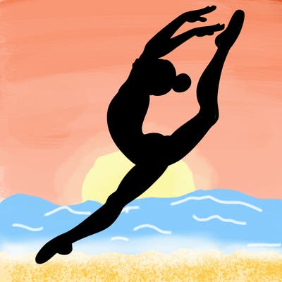 gymnast doing a leap in a leotard with a bent back leg
