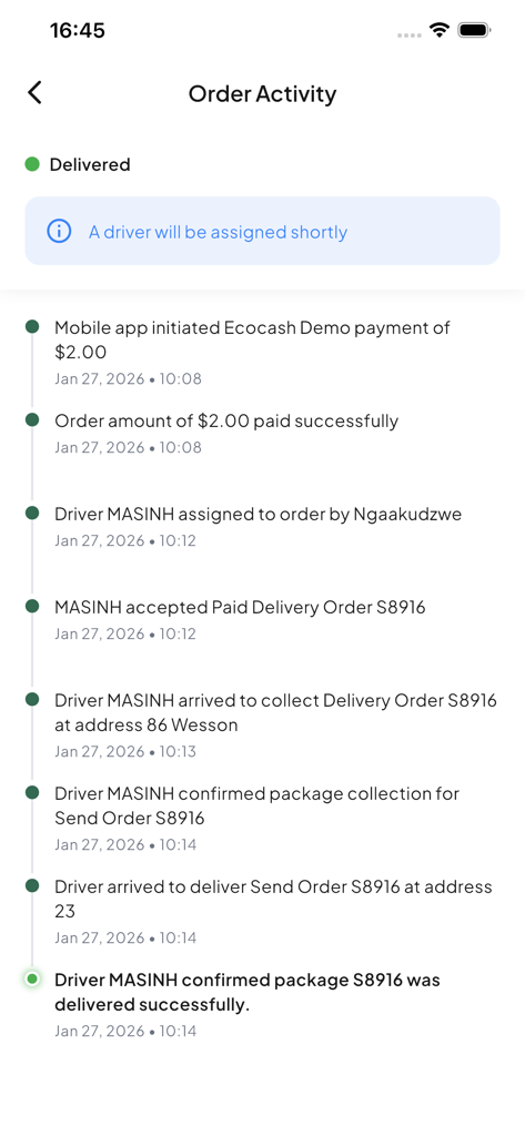 MOBIS Delivery - Tela de atividade do pedido do aplicativo MOBIS Delivery mostrando rastreamento em tempo real e status de entrega bem-sucedida.