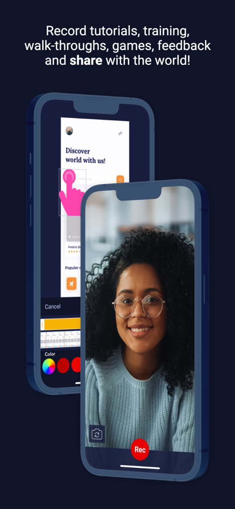 Interfaz de la aplicación ScreenPal en iPhone mostrando funciones de grabación de pantalla y facecam para tutoriales