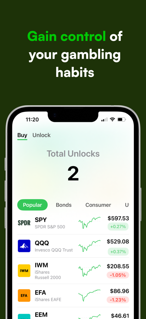 Hedge: Bet on Your Future - Smartphone displaying the Hedge app stock selection screen for gambling habit control