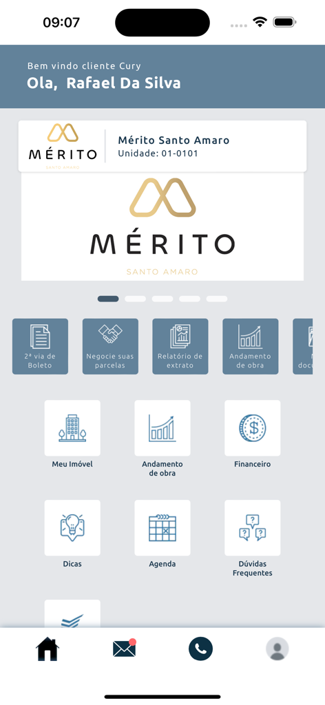 Cury Cliente. - Cury Cliente mobile app dashboard showing user greeting and property management icons such as financial reports and construction tracking