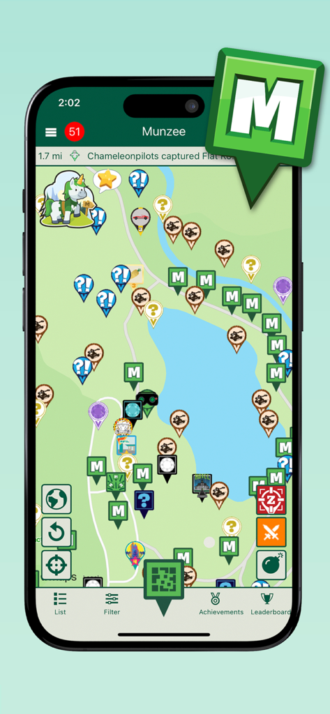 Munzee - Munzee mobile app interface showing a map filled with game icons and Cappy the Unicorn