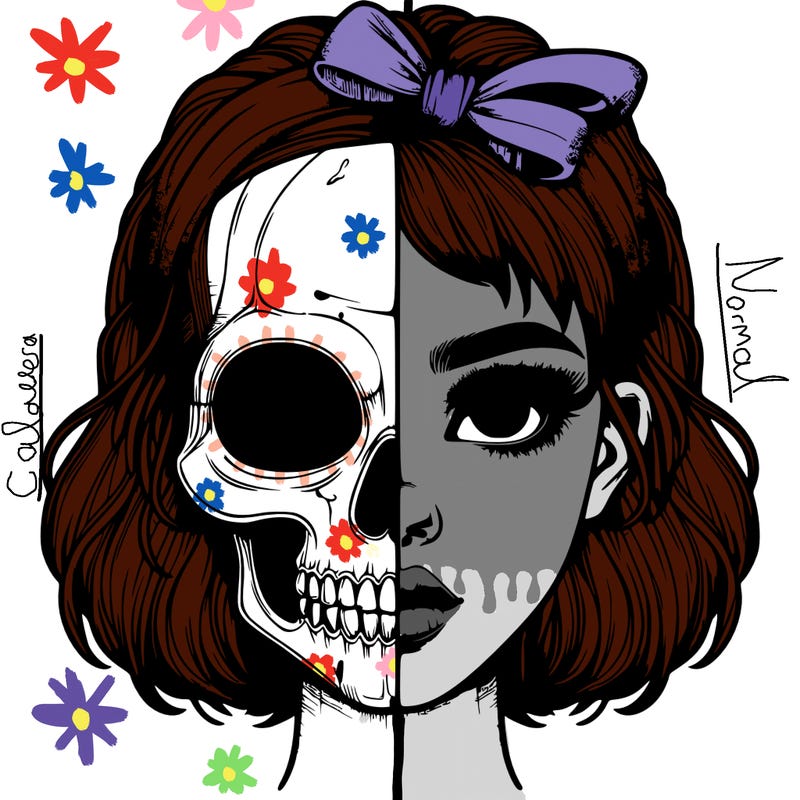 realistic girl with half skull mask