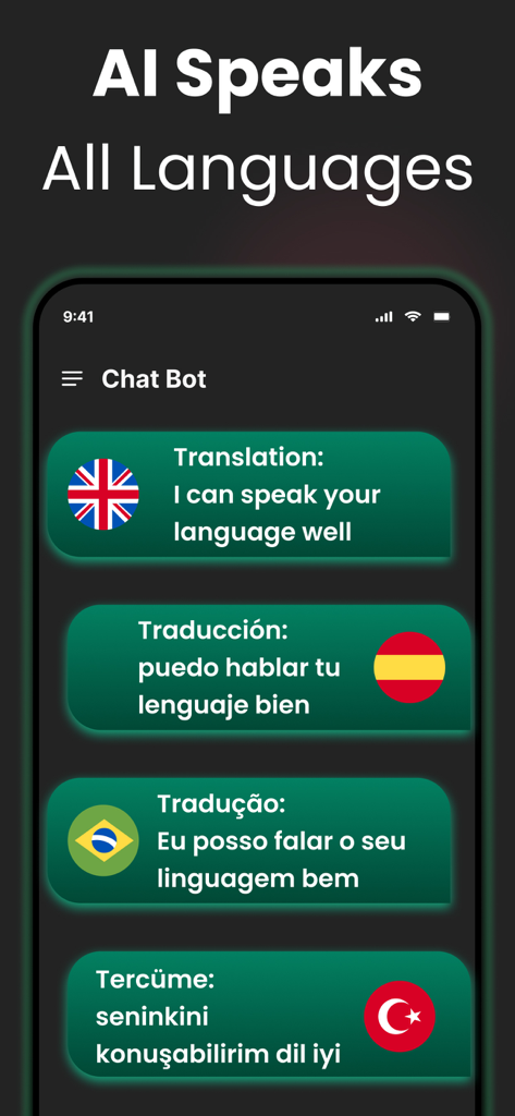 AI Chatbot interface showing translation capabilities in English Spanish Portuguese and Turkish with corresponding flags